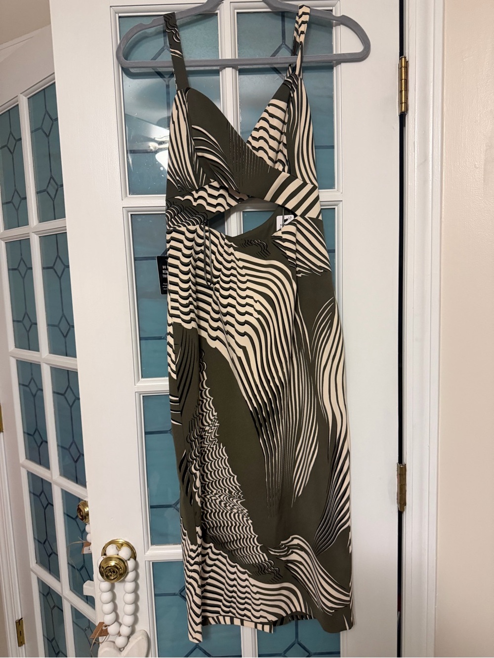 Express Olive and Black Wave-Print Midi Dress